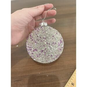 Beaded Encrusted Christmas Tree Ball Ornament Purple White Glass Large Boho